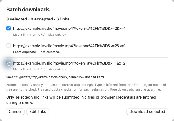 Ekami Mac Batch preview showing selected links, exact duplicate feedback and Download selected.