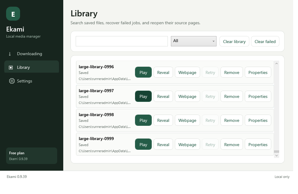 Ekami Windows preview library with search, saved-item rows, Play, Reveal and Properties actions.